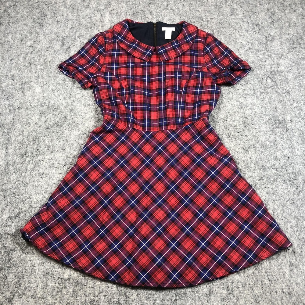 Forever 21 Fit & Flare Dress Womens S Red Plaid Puff Sleeve Collared Mini